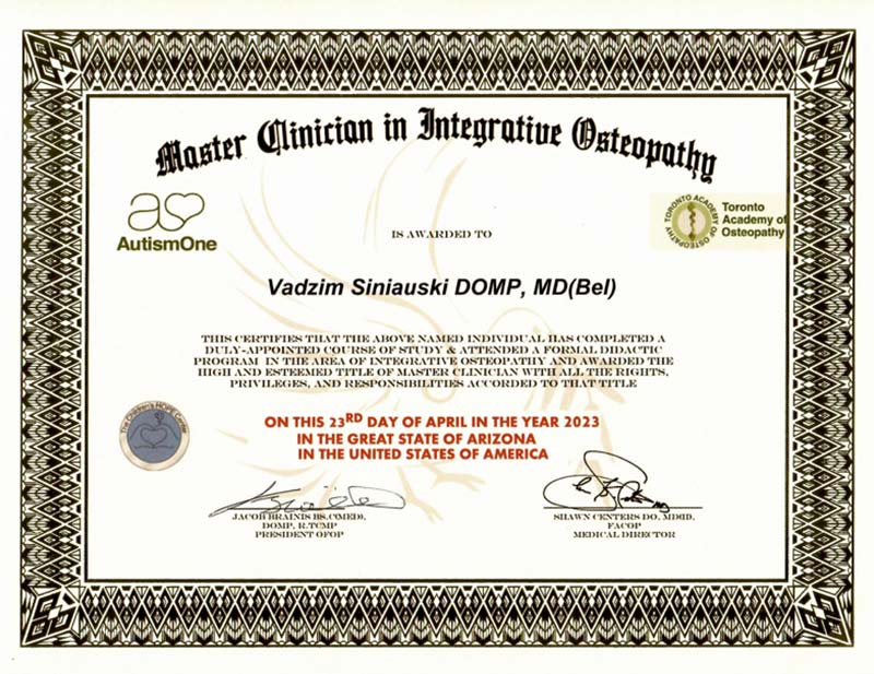 Vadzim Siniauski Master Clinician in Integrated Osteopathy certificate