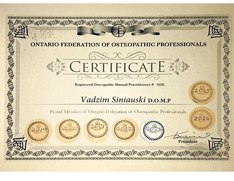 Vadzim Siniauski Certificate Registered Osteopathic Manual Practitioner DOMP
