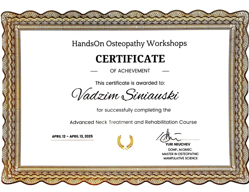Neck Treatment and Rehabilitation certificate Vadzim Siniauski