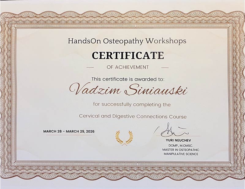 Vadzim-Siniauski-DOMP-Certificate-of-Achievemen-Cervical-&-Digestive-Connections-March-2026 Certificate of Achievement Cervical & Digestive Connections